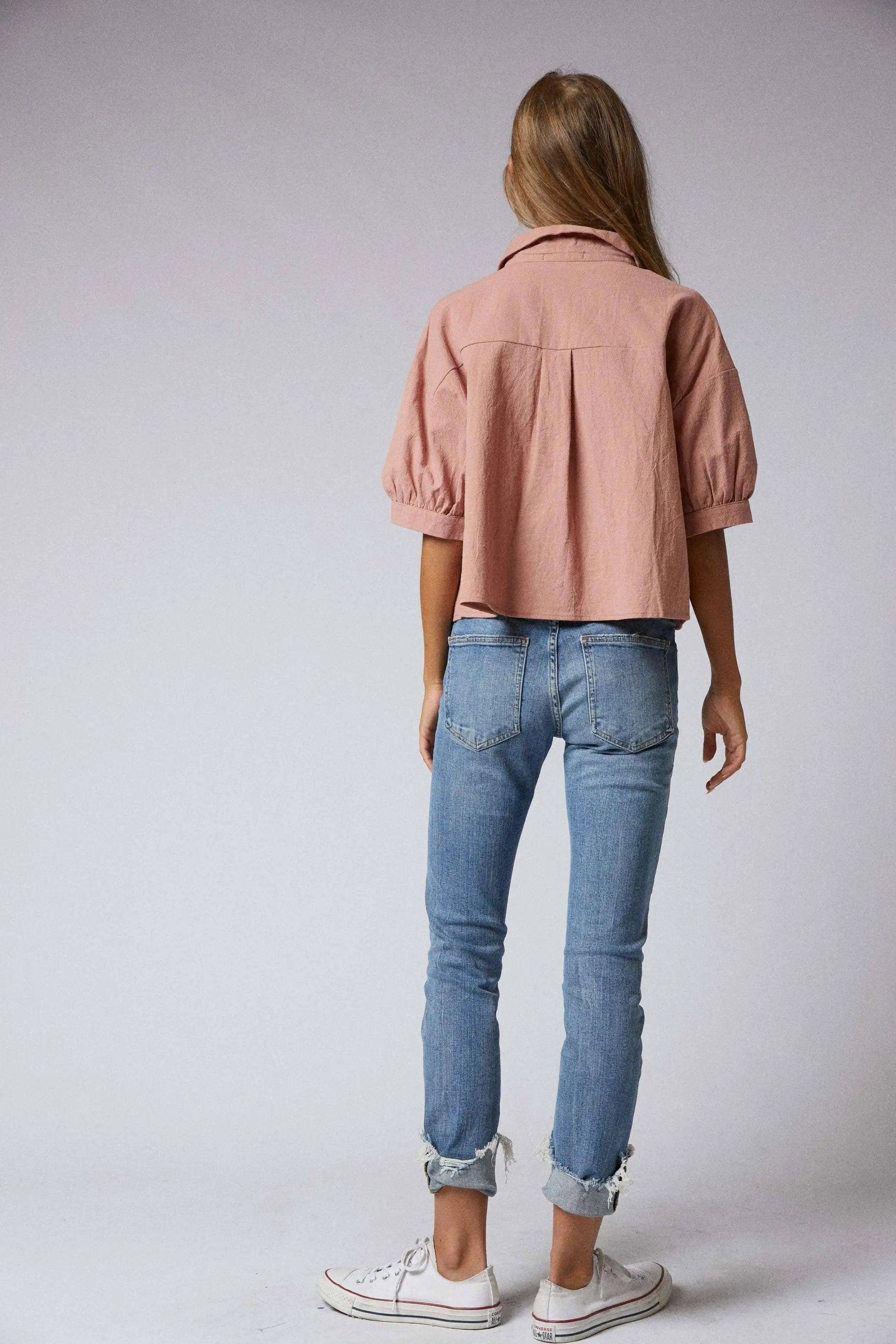 Cerule Elbow Sleeves Button Down 2 Pocket Crop Shirt - Shirts
