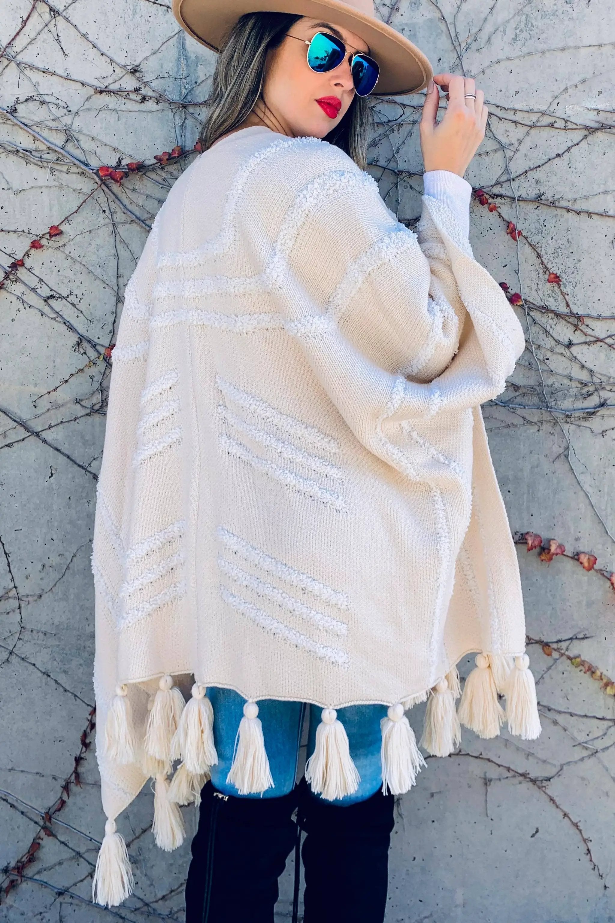 AMOLI AMOLI - Cream Western Textured Pattern with Chunky Tassel Cardigan - Cardigans