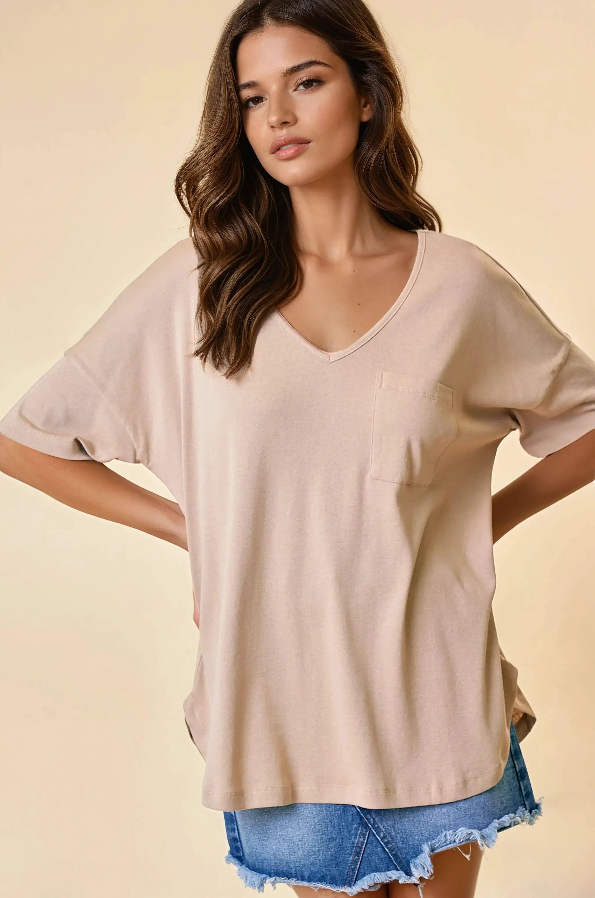 Doe and Rae The Oversized V-Neck Knit Top: Charcoal - T-Shirts