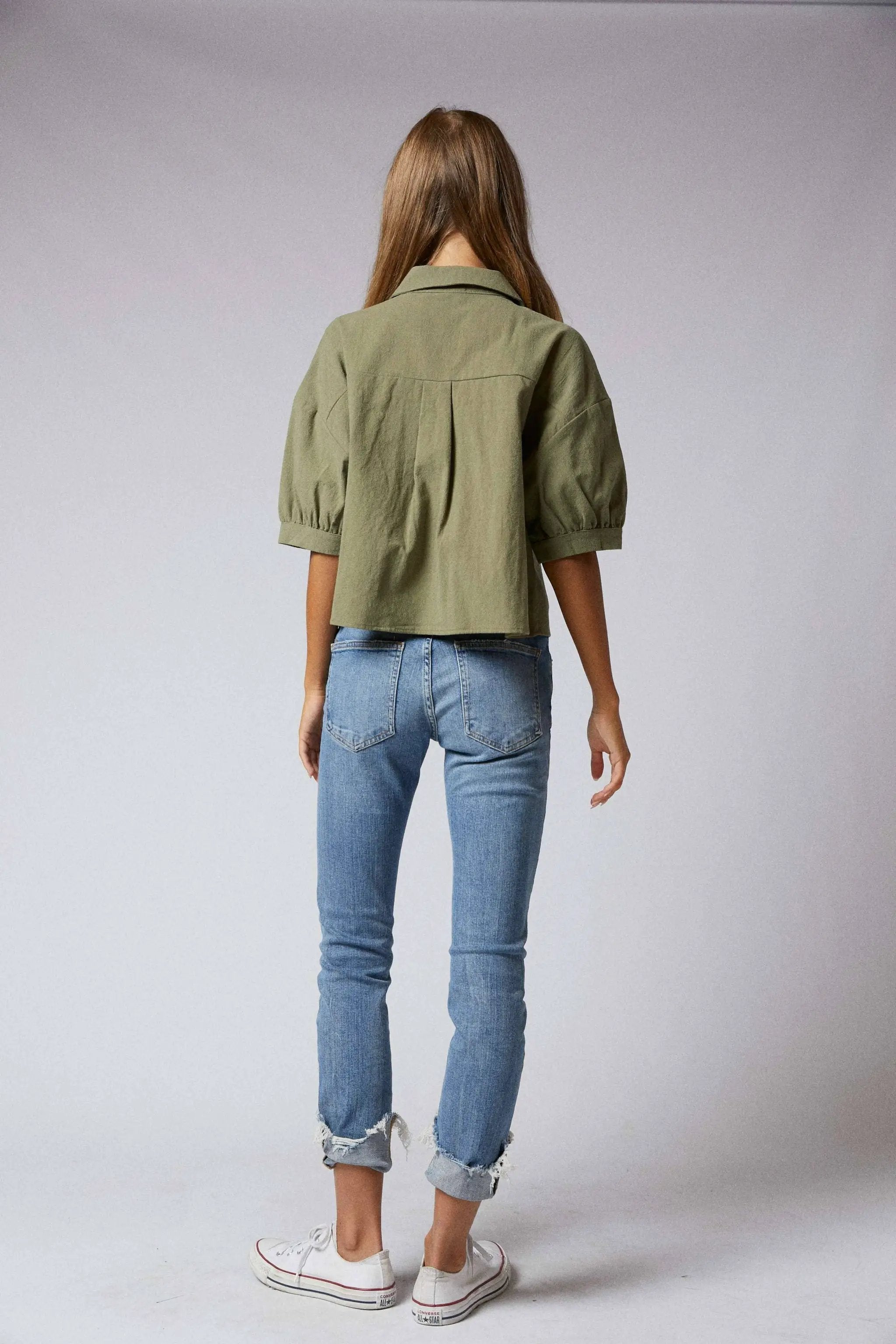 Cerule Elbow Sleeves Button Down 2 Pocket Crop Shirt - Shirts