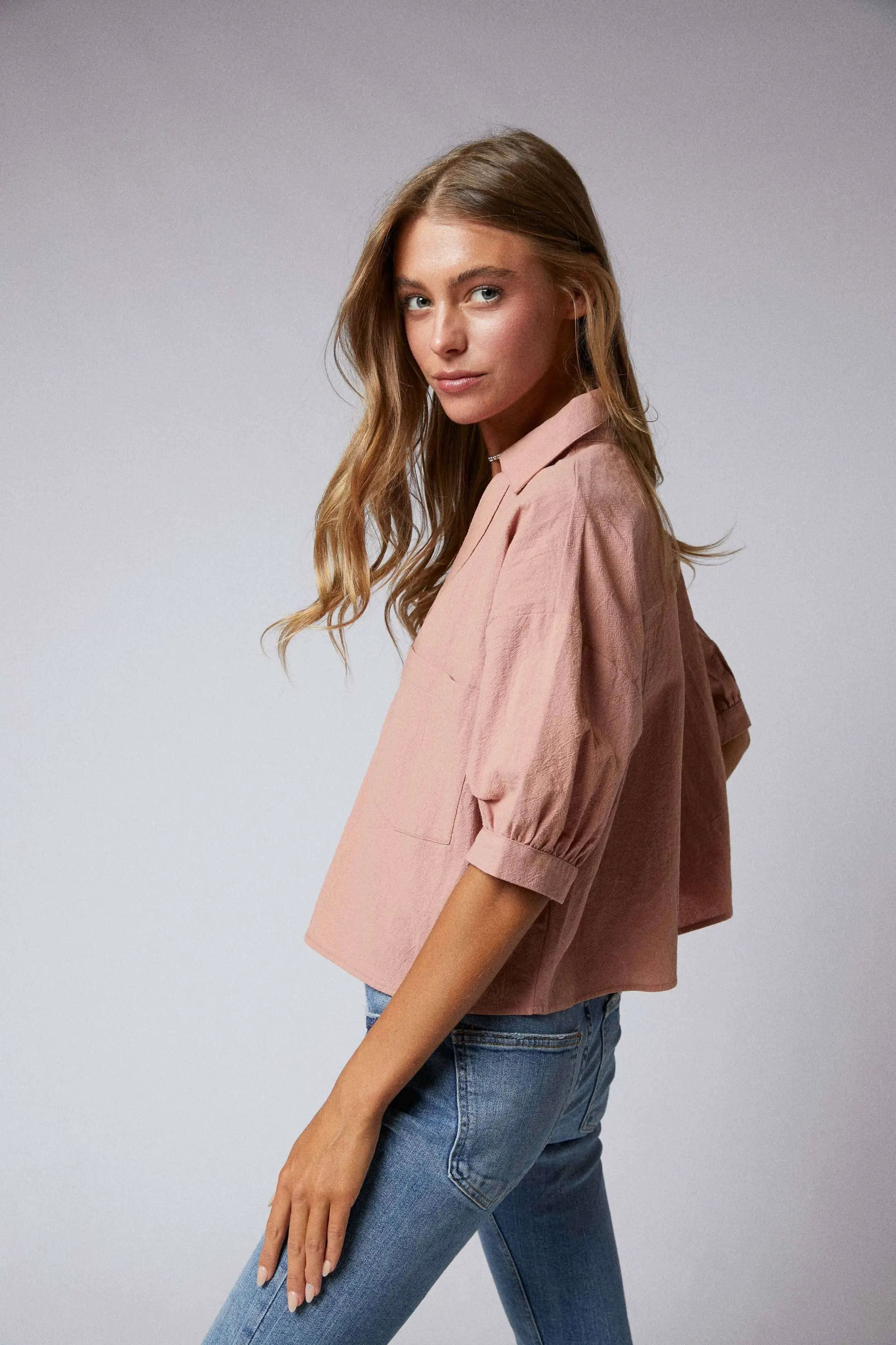 Cerule Elbow Sleeves Button Down 2 Pocket Crop Shirt - Shirts