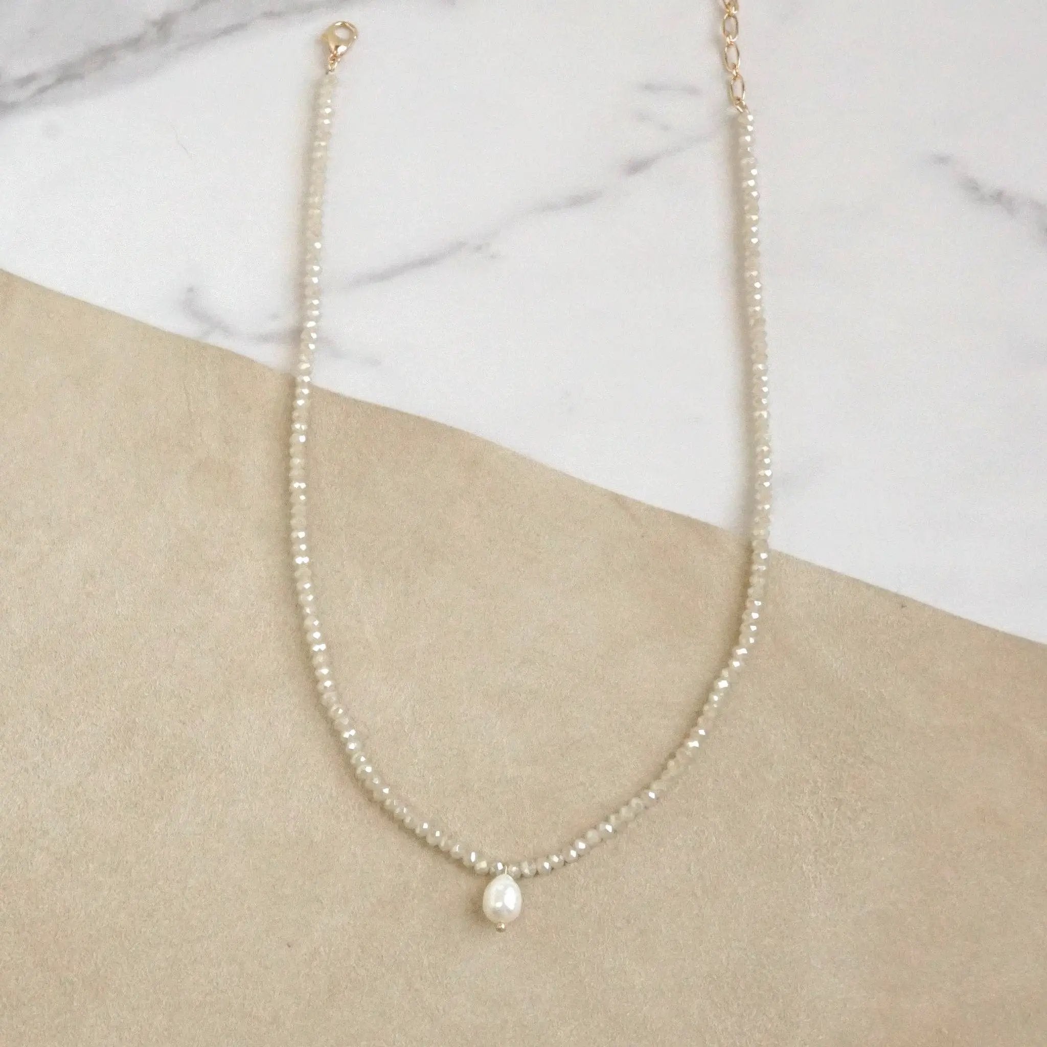 PennyLine inc The Beige Glass Beaded Chain Freshwater Pearl Pendant Necklace - Jewelry short necklace glass beads pendant beige