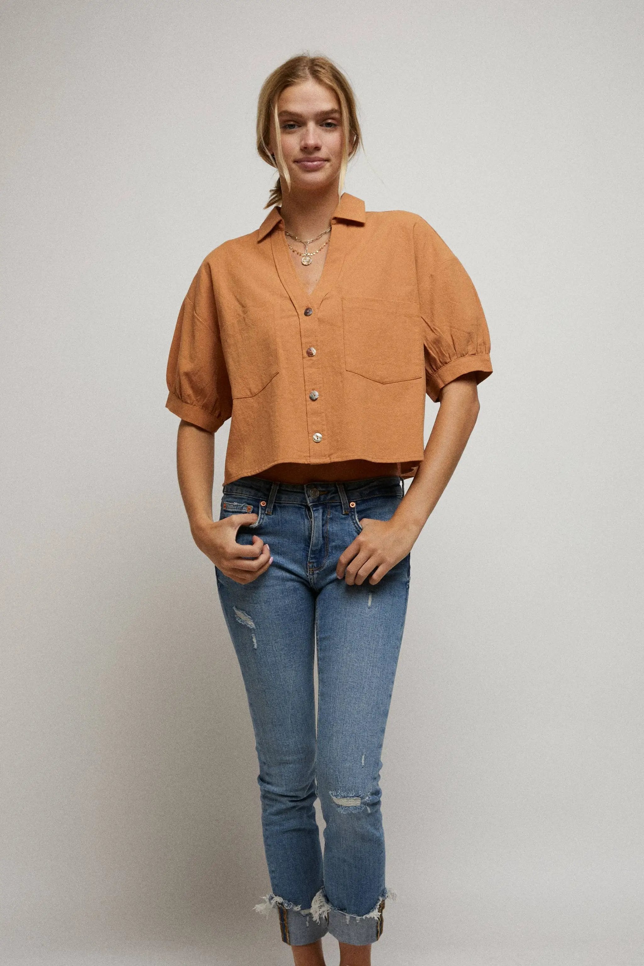 Cerule Elbow Sleeves Button Down 2 Pocket Crop Shirt - Shirts