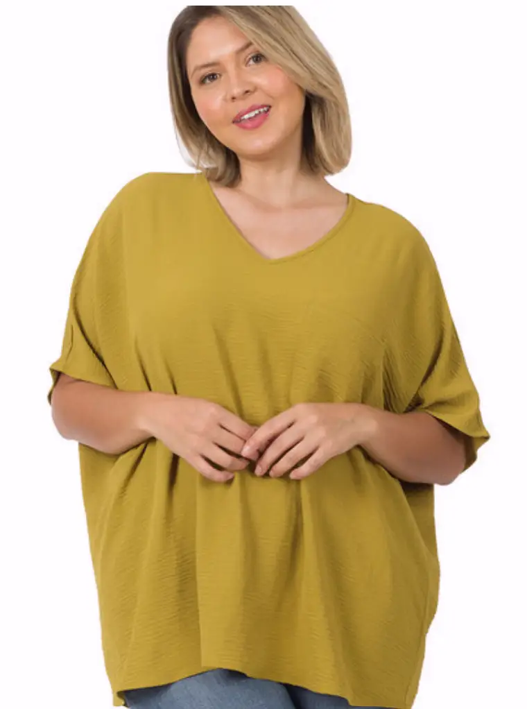 Zenana Plus Woven Airflow V-Neck Dolman Short Sleeve Top in mustard yellow, plus-size blouse.
