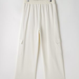 A pair of white pants with pockets on the side.