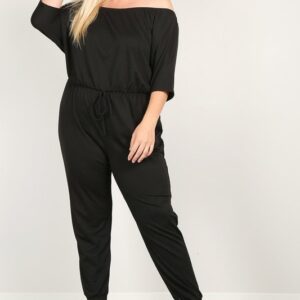 Plus size black off-the-shoulder jumpsuit.