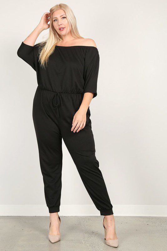 Plus size black off-the-shoulder jumpsuit.