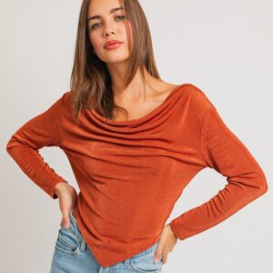 Here's an alt tag for the image: Rust-colored cowl neck long sleeve top.