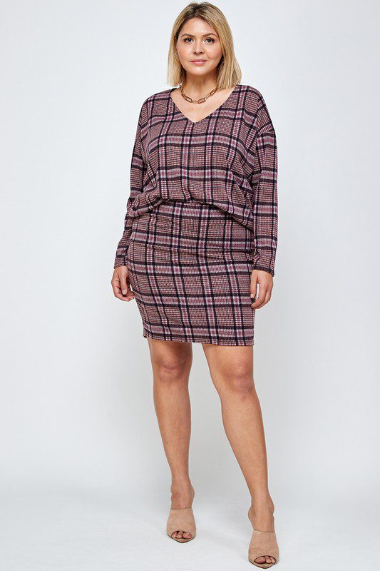 Plus-size pink and black plaid suit.