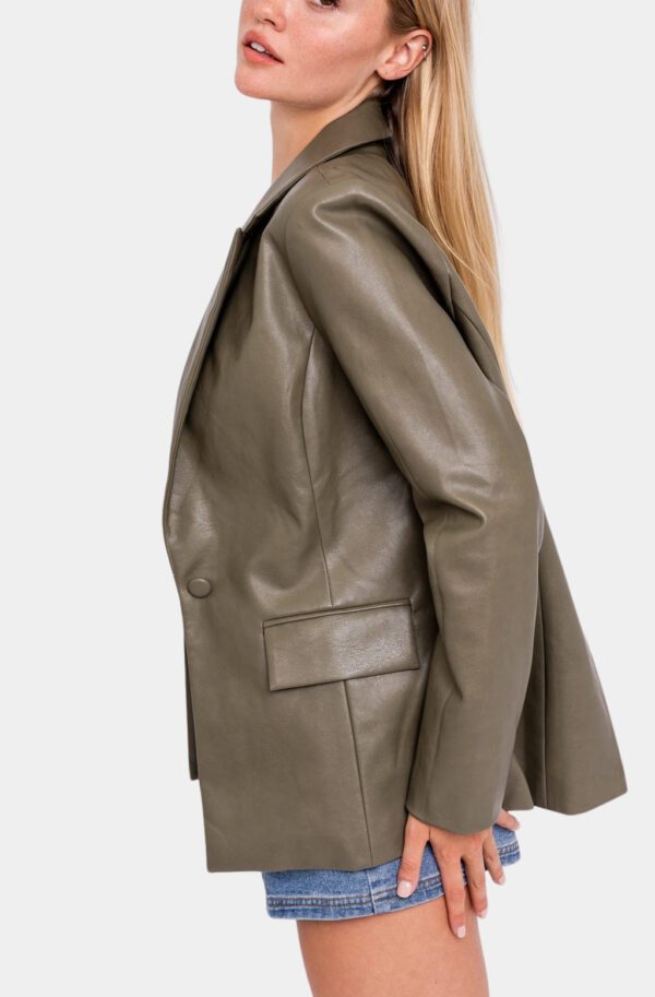 Olive green faux leather blazer.